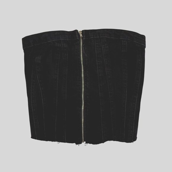Zara Black Denim Corset Top Exposed Front Zipper Size XS Frayed Hem Strapless - Picture 7 of 9